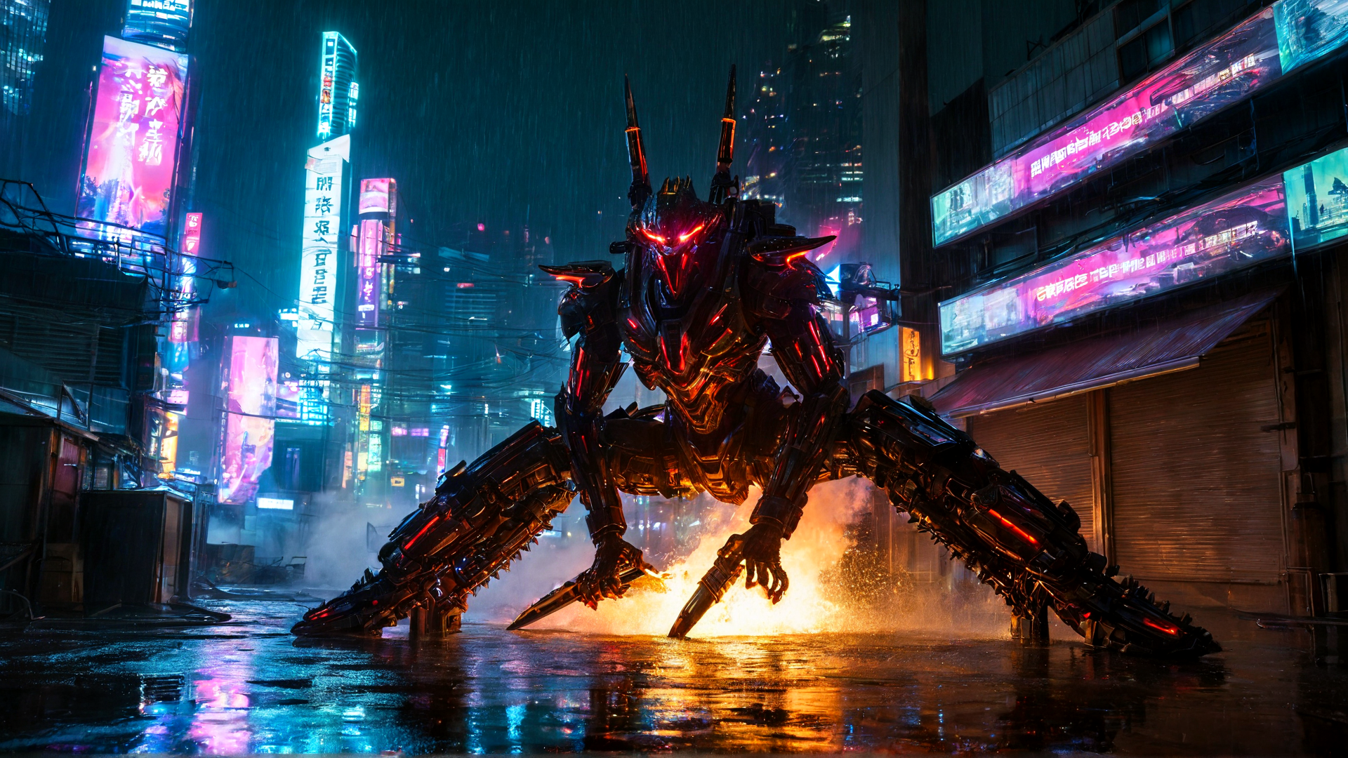 AI generated wallpaper featuring mecha, robot, cityscape, neon, rain, street, skyscraper, signboard, fire, smoke