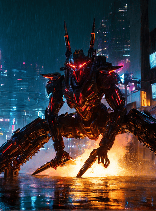 mecha, robot, cityscape, neon, rain, street, skyscraper, signboard, fire, smoke