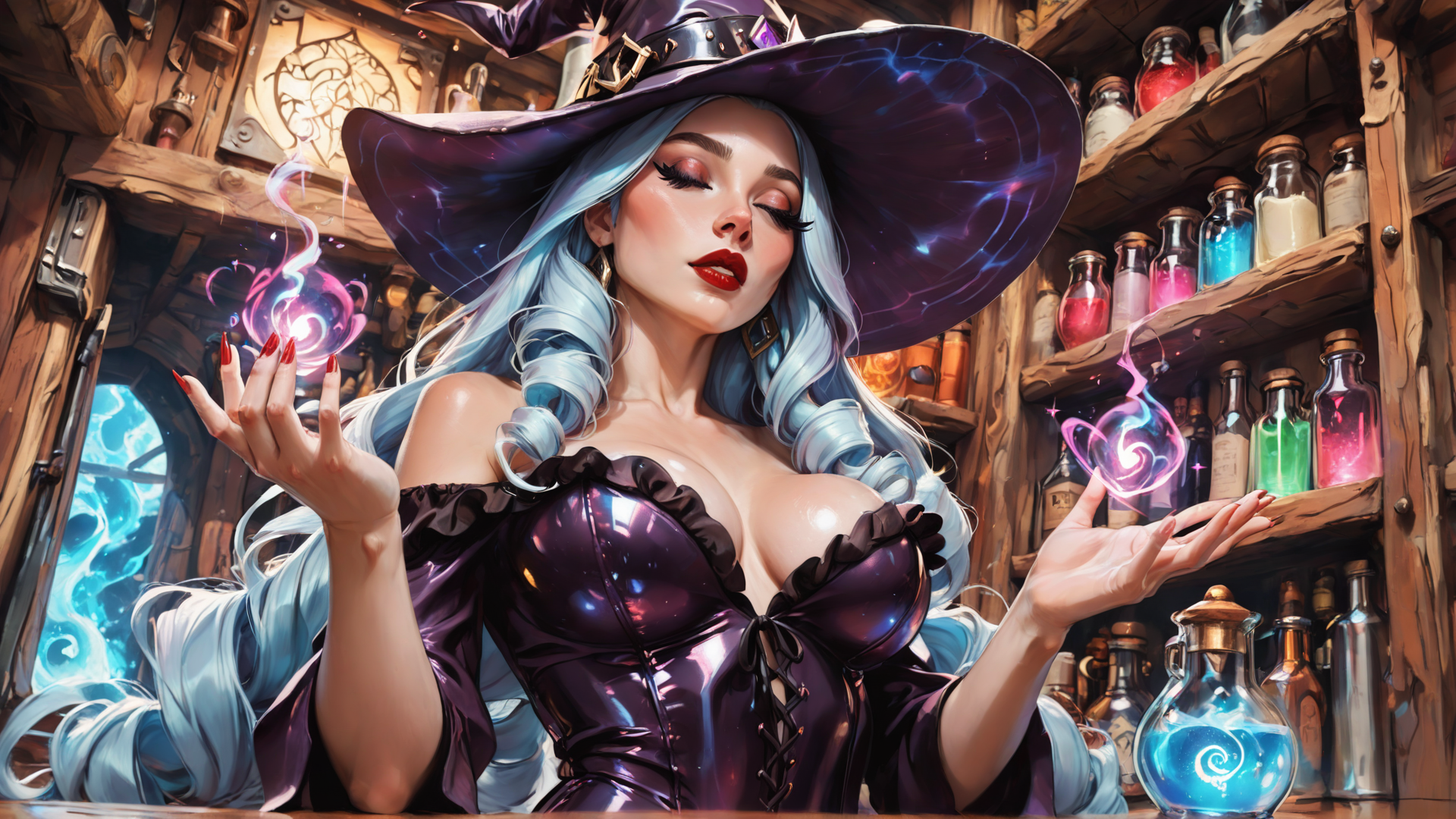 AI generated wallpaper featuring witch, wizard, woman, magic, bottle, cauldron, spell, hats, shelves, potion