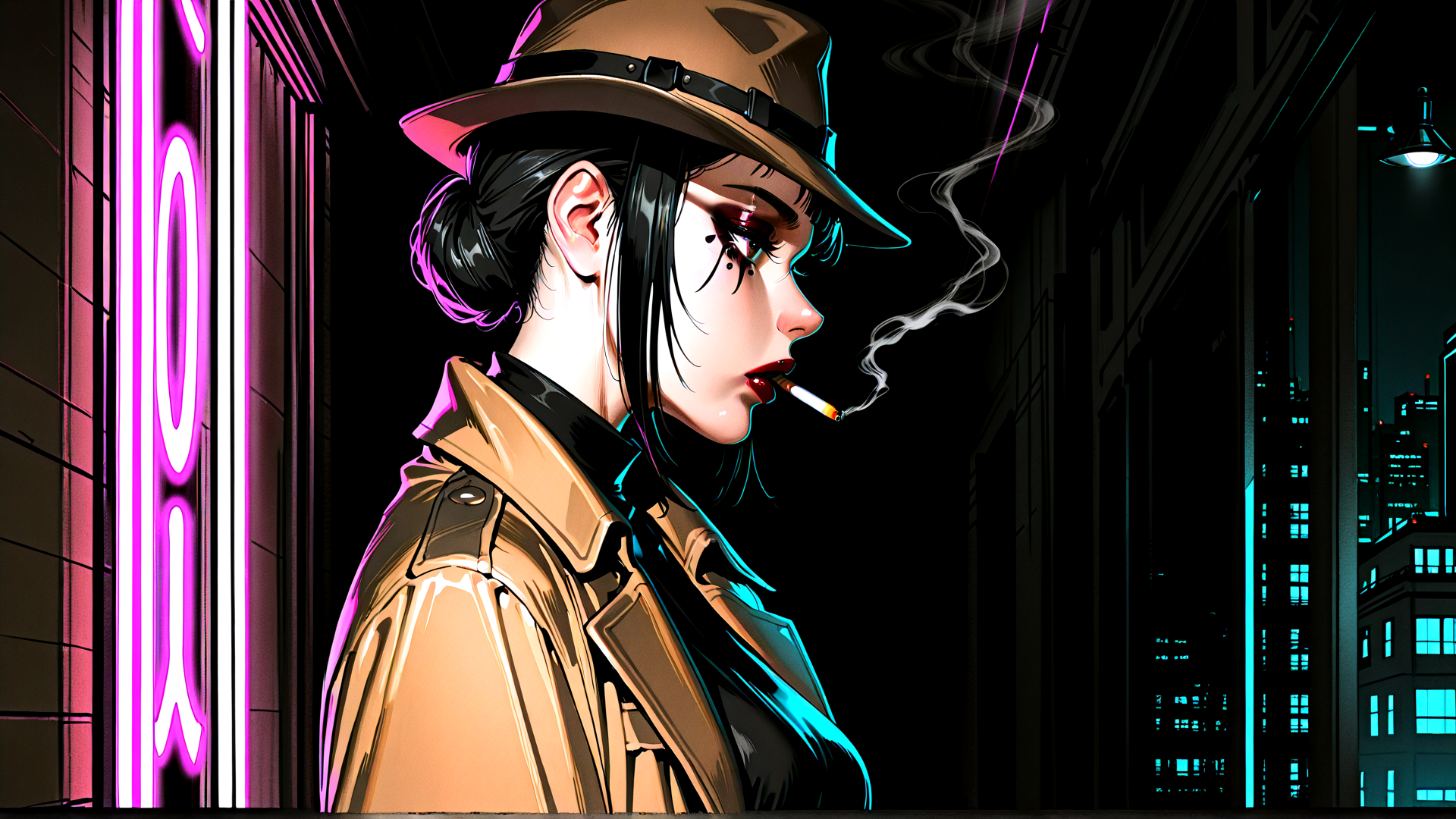 AI generated wallpaper featuring woman, hats, cigarette, city, neon, coat, urban, building, street, signs