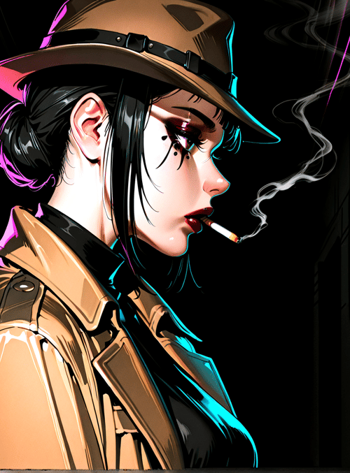 woman, hats, cigarette, city, neon, coat, urban, building, street, signs
