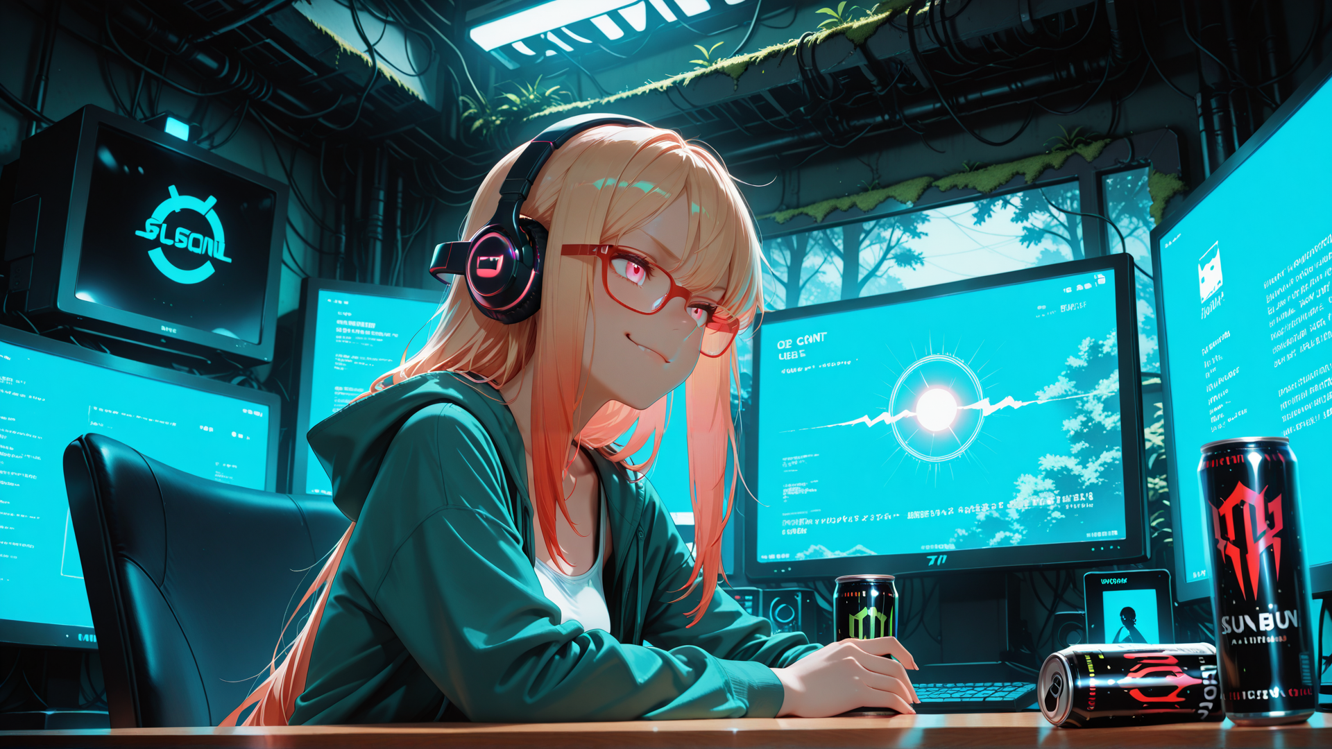 AI generated wallpaper featuring girl, headphones, computer, monitor, can, chair, glasses, plants, cables, laptop