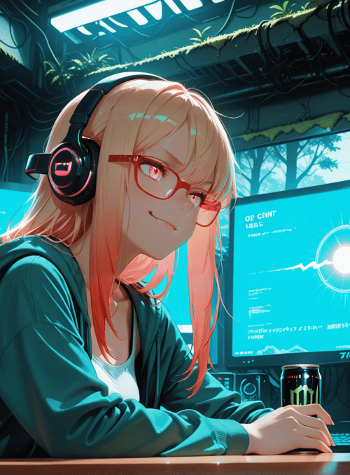 girl, headphones, computer, monitor, can, chair, glasses, plants, cables, laptop