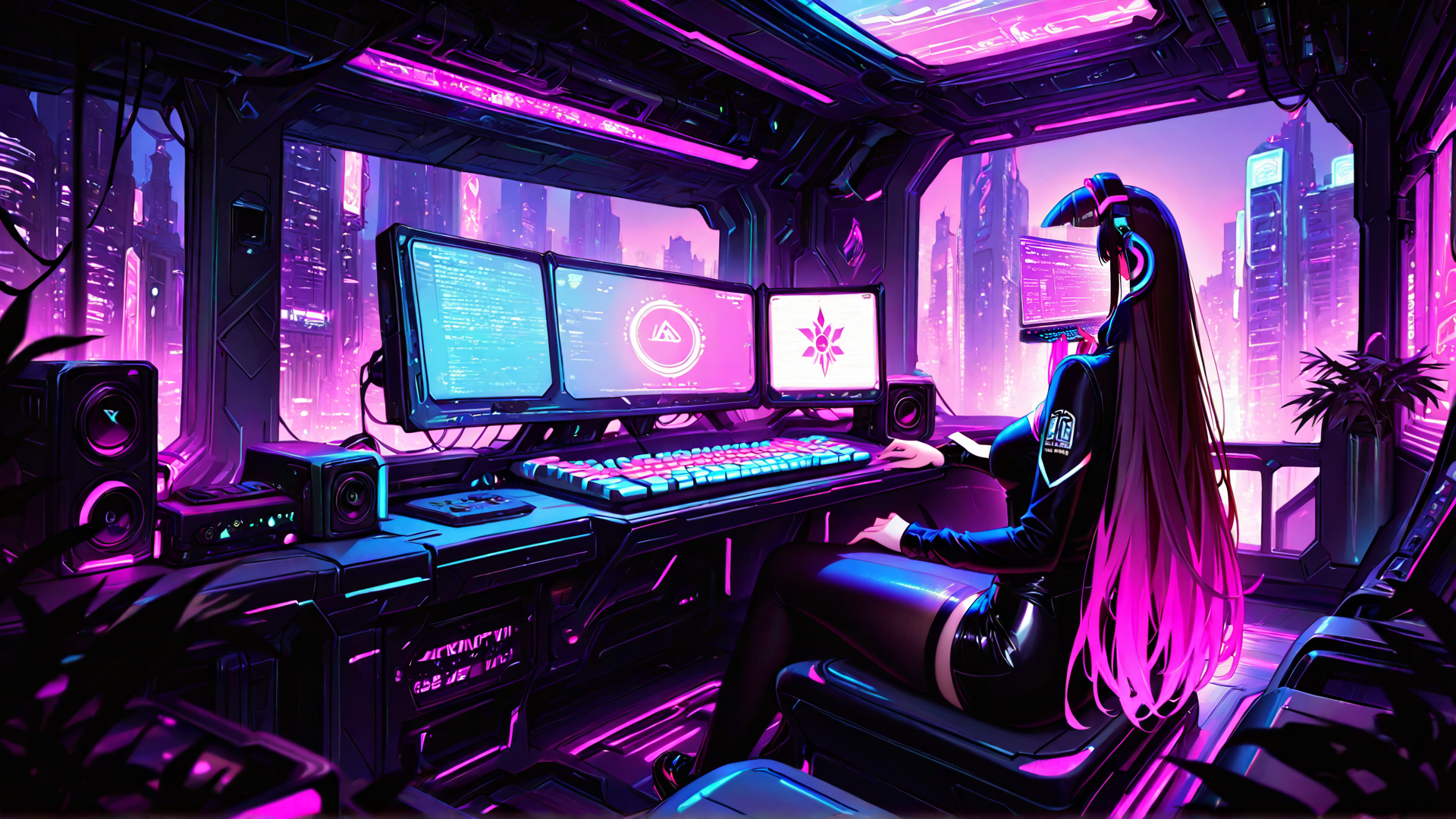 AI generated wallpaper featuring woman, computer, city