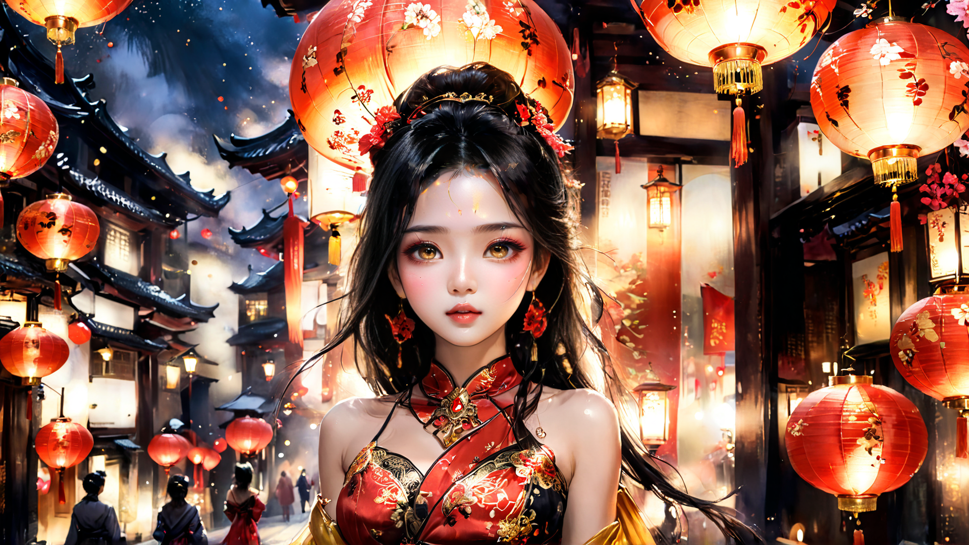 AI generated wallpaper featuring woman, lanterns, street