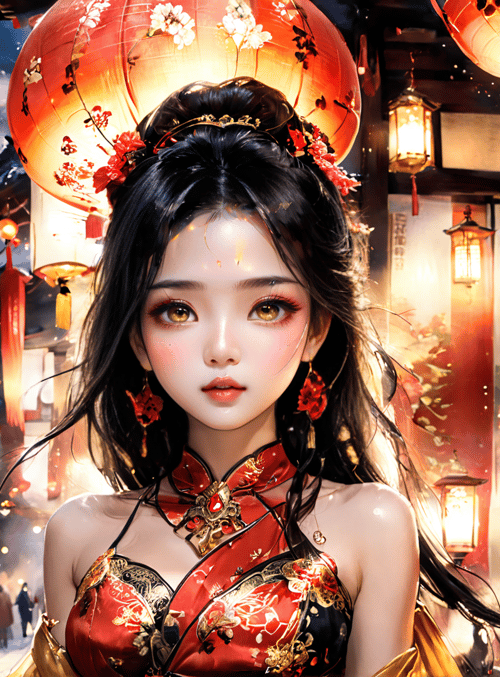 woman, lanterns, street