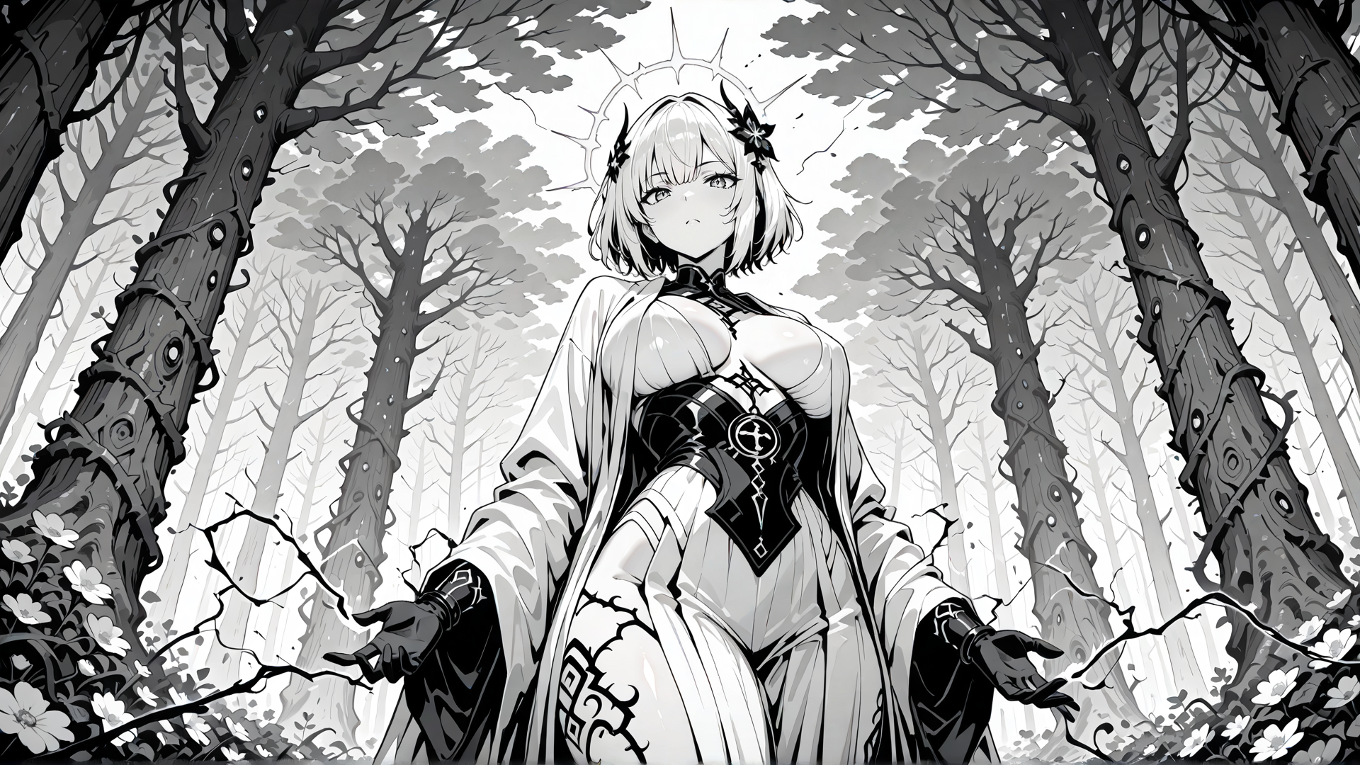 AI generated wallpaper featuring girl, forest, trees, flowers, gloves, dress, horns, hologram, sundial, cracks