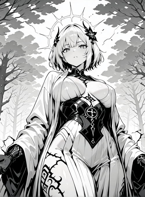 girl, forest, trees, flowers, gloves, dress, horns, hologram, sundial, cracks
