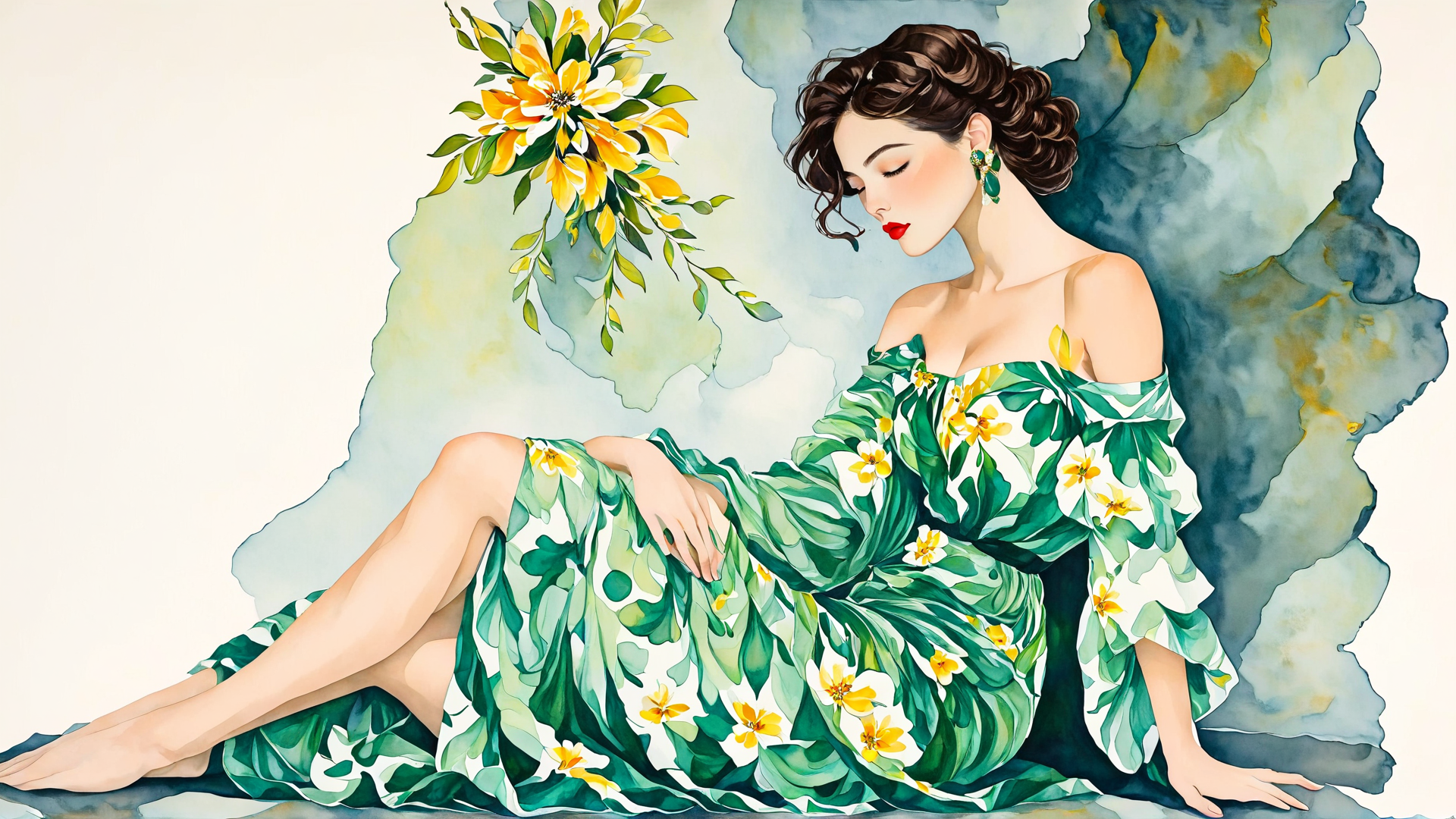 AI generated wallpaper featuring woman, dress, flower, leaf