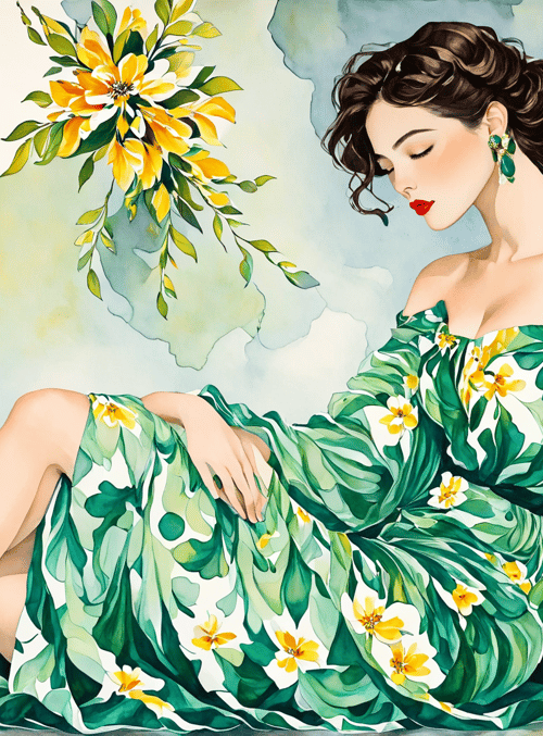 woman, dress, flower, leaf