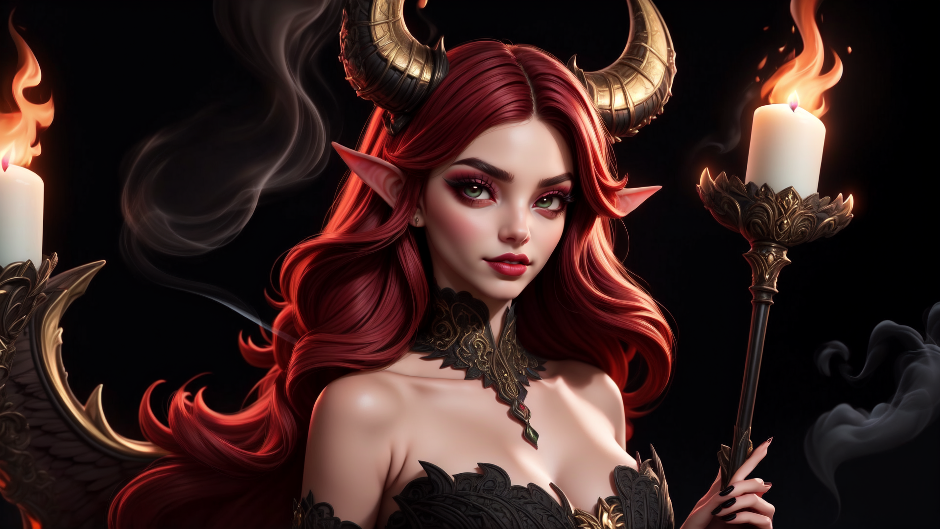 AI generated wallpaper featuring demon, woman, candle, horn, elf, cloak