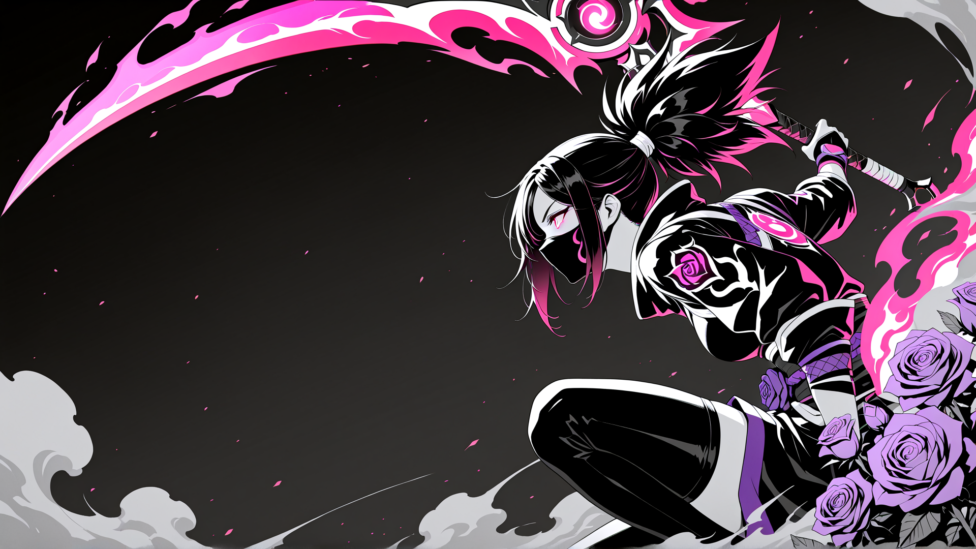 AI generated wallpaper featuring woman, swordsman, rose, mask, sword, hair, armor