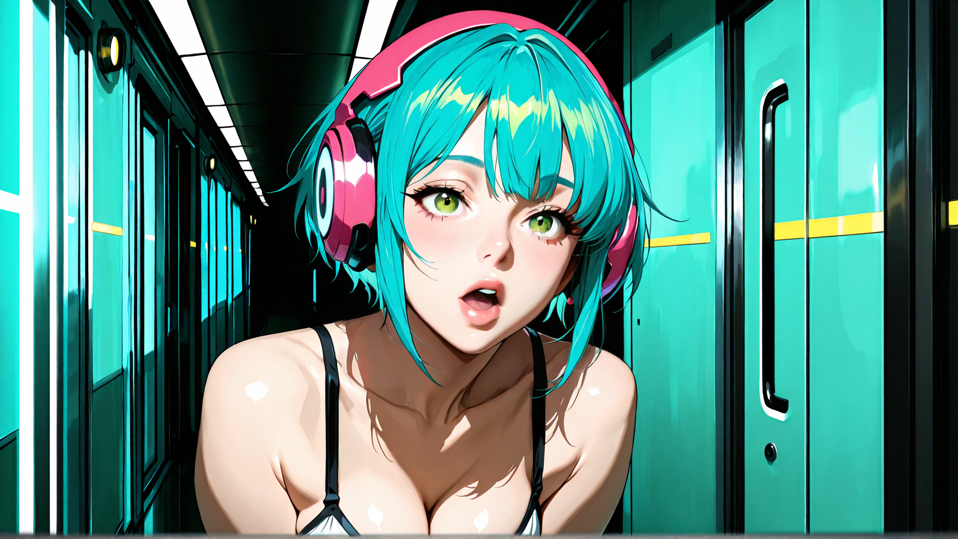 AI generated wallpaper featuring girl, headphones, train, ears, hair