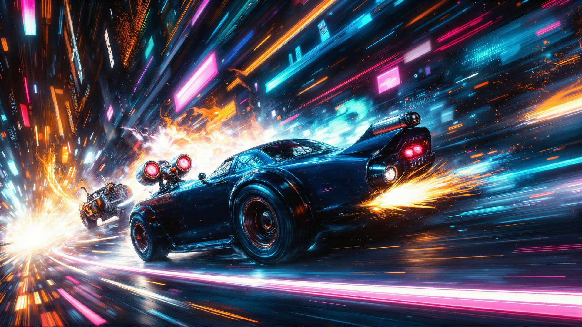 AI generated wallpaper featuring car, cityscape, race