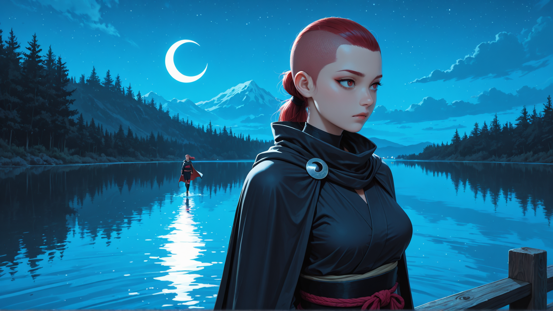 AI generated wallpaper featuring woman, lake, mountain, moon, forest, cape