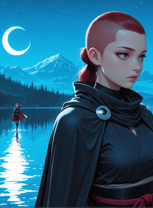 woman, lake, mountain, moon, forest, cape
