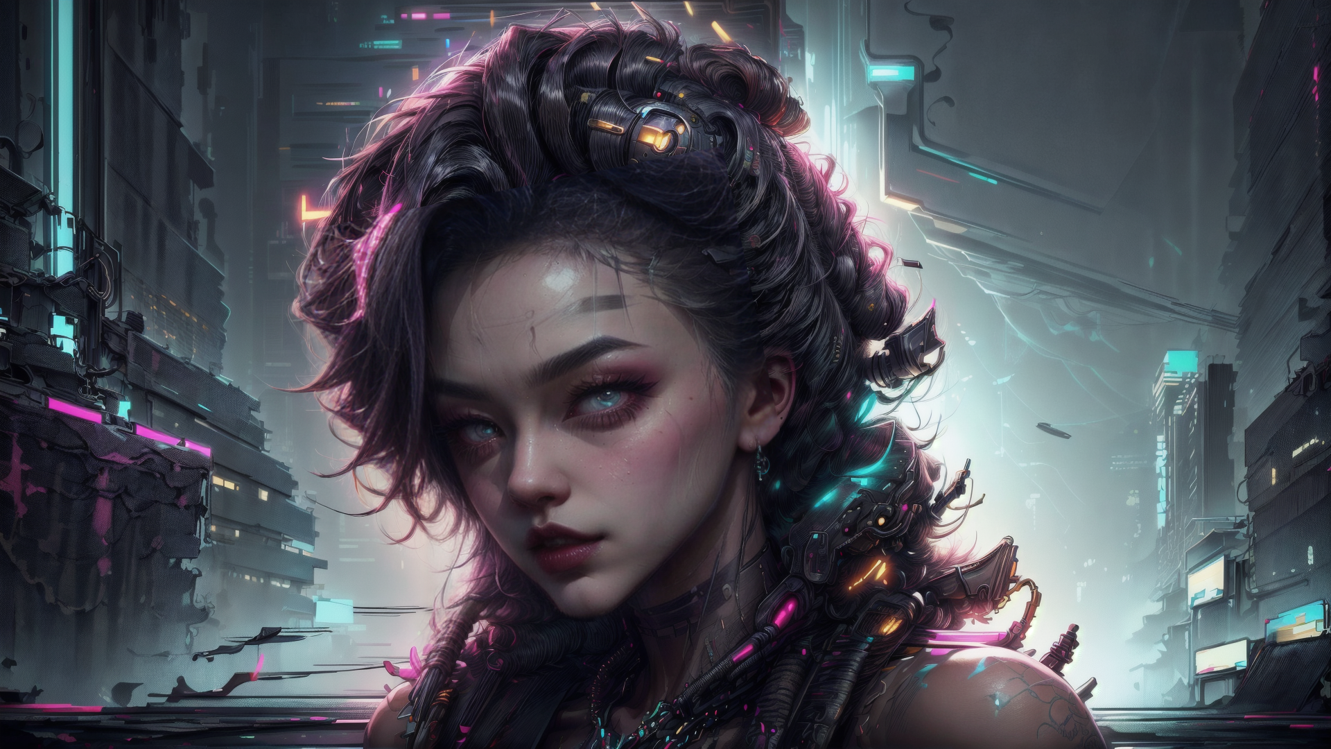 AI generated wallpaper featuring cyborg, woman, neon
