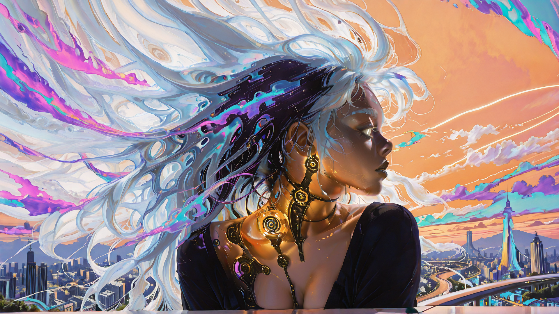 AI generated wallpaper featuring woman, cityscape, hair, cybernetics, sky