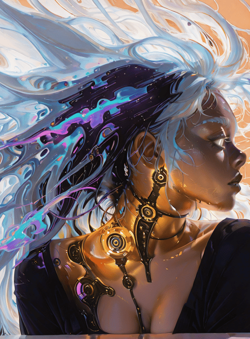 woman, cityscape, hair, cybernetics, sky