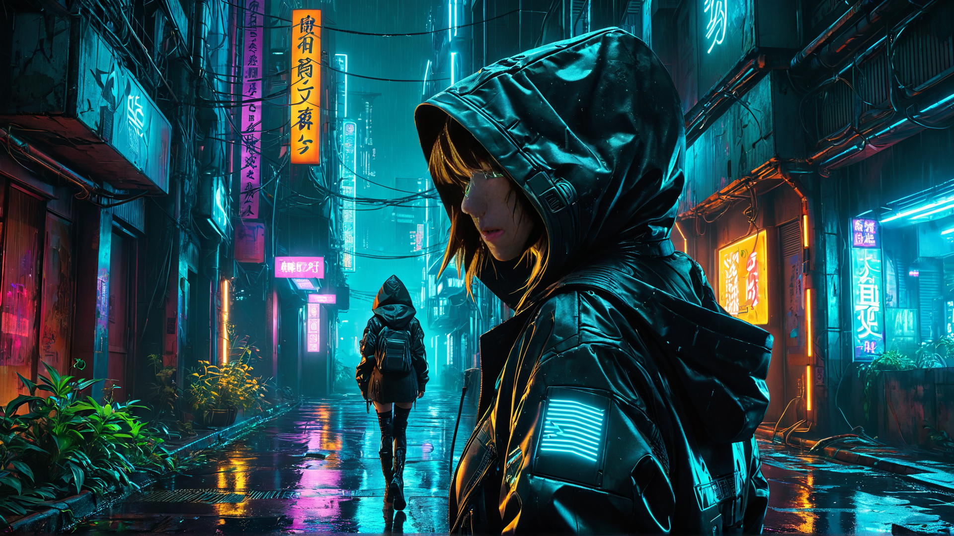 AI generated wallpaper featuring person, neon, alley