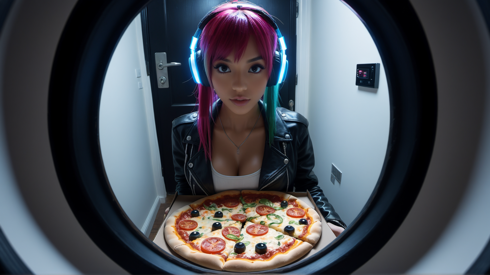 AI generated wallpaper featuring person, pizza, headphones