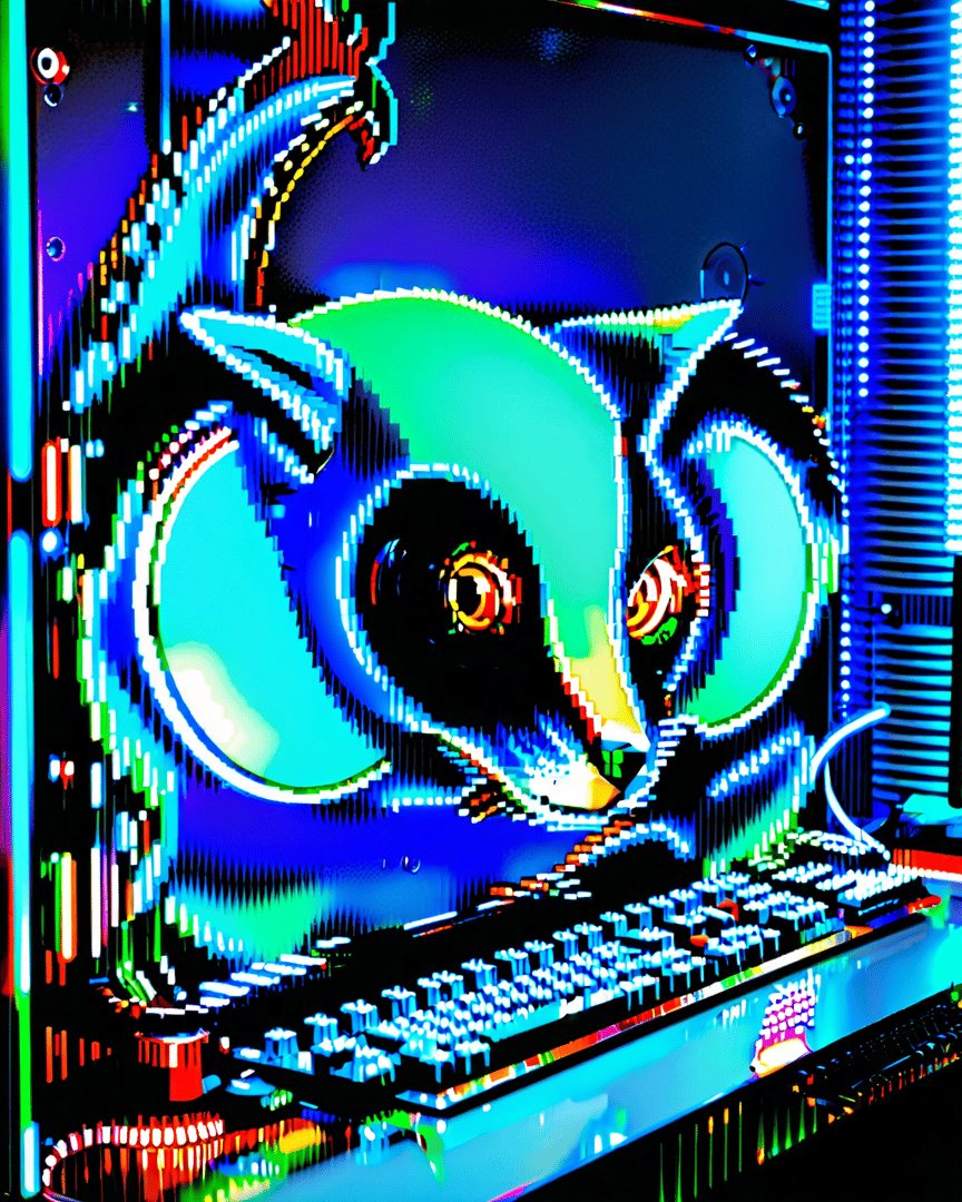 AI generated wallpaper featuring owl, keyboard, screen