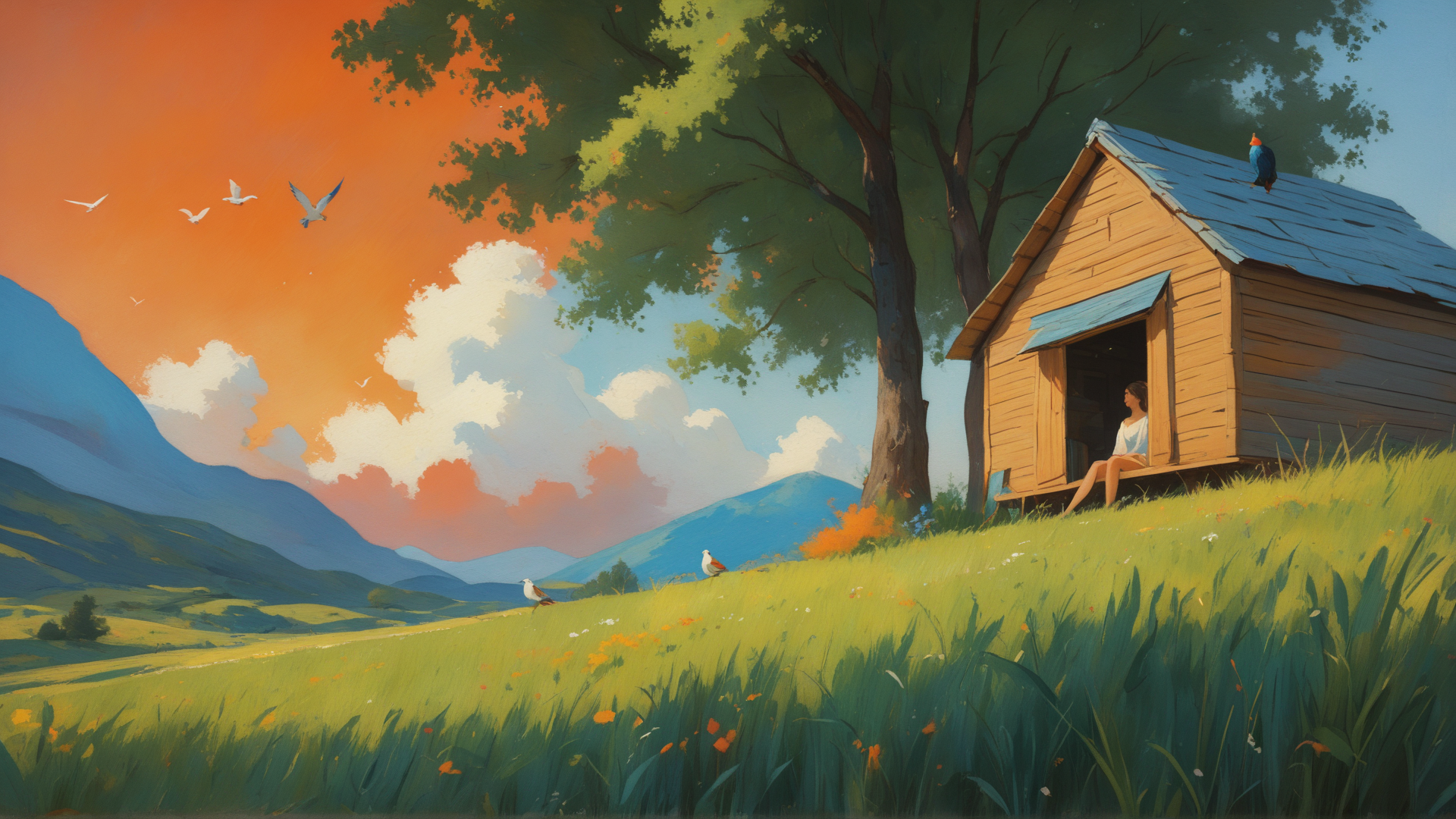 AI generated wallpaper featuring cottage, woman, birds