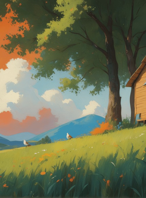 cottage, woman, birds