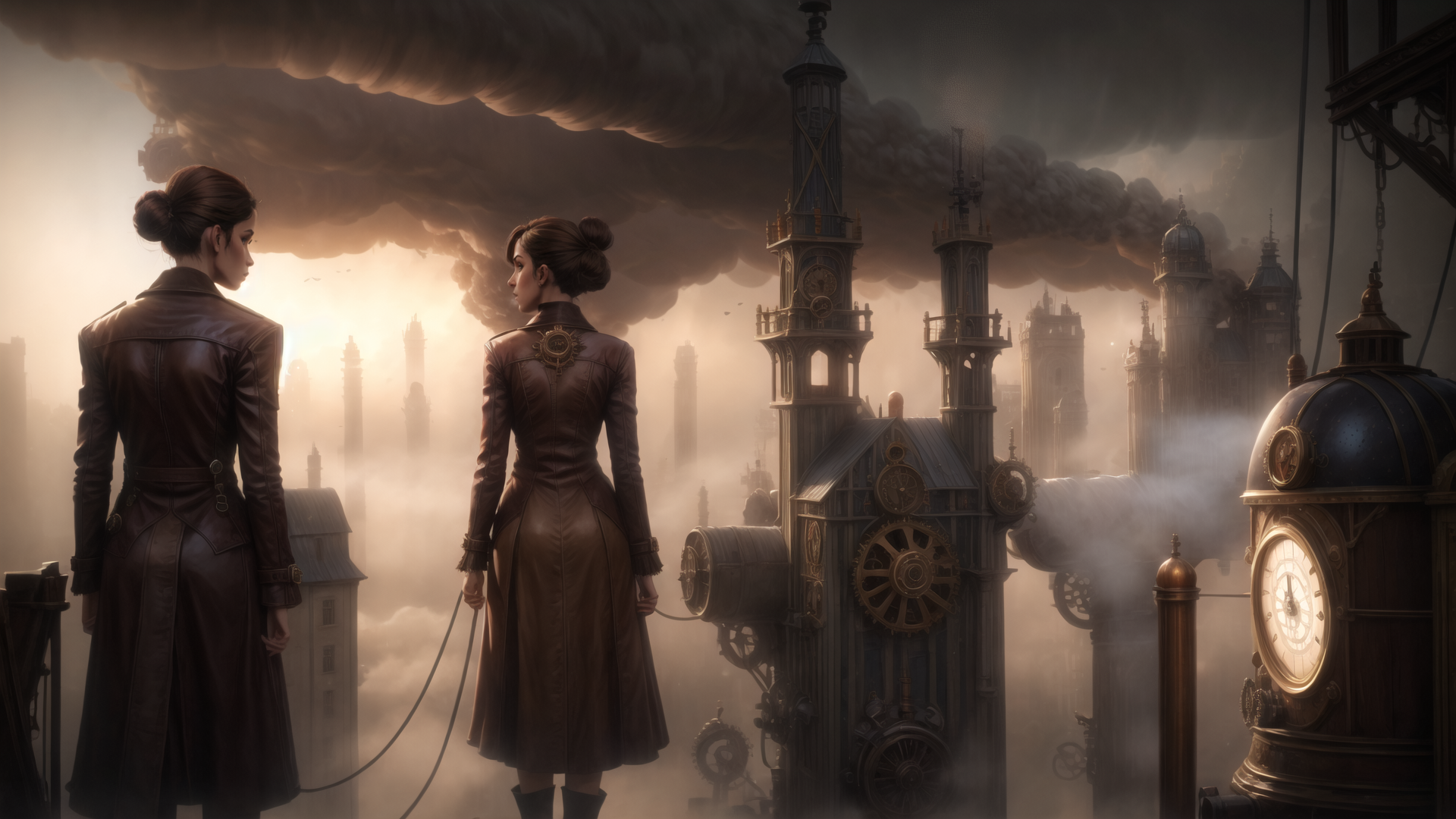 AI generated wallpaper featuring women, clocktower, cityscape