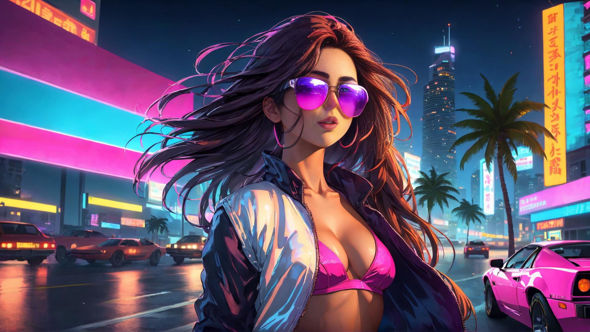 AI generated wallpaper featuring woman, city, car