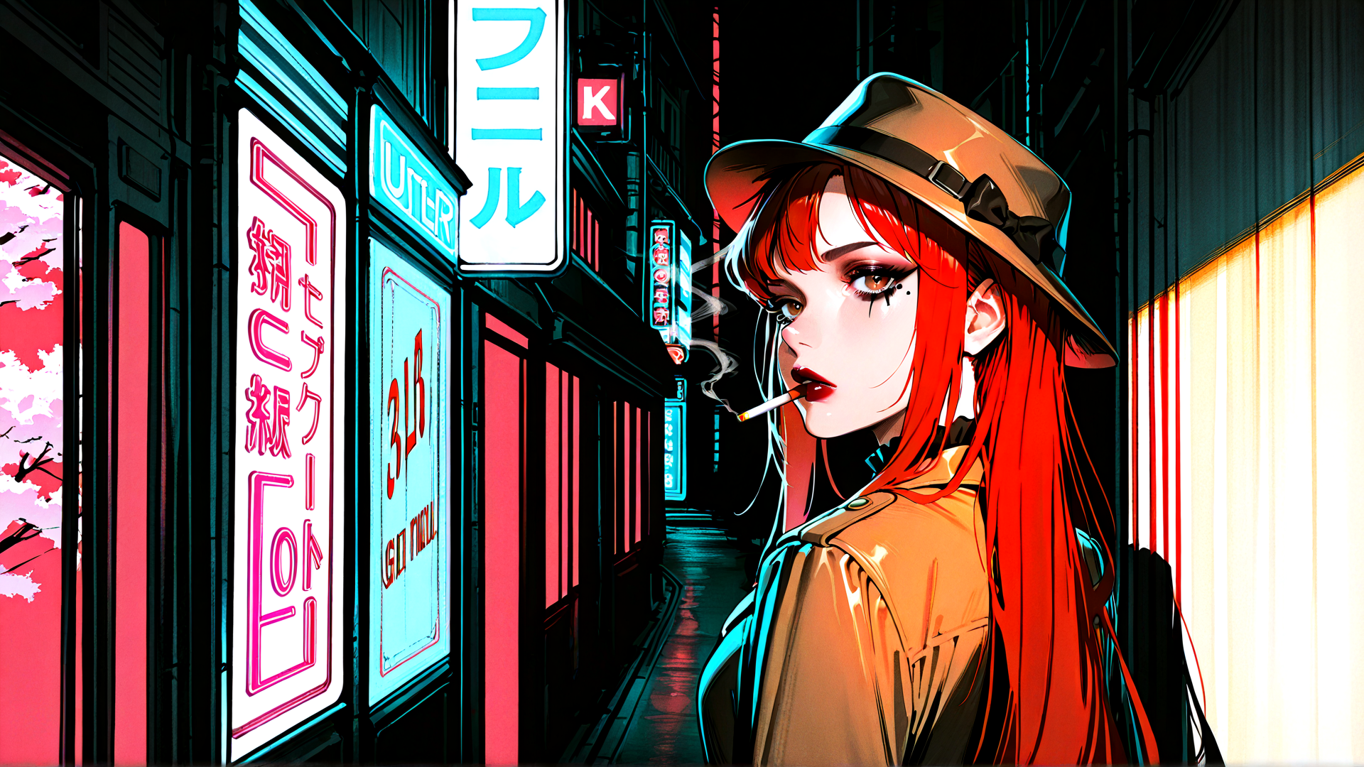 AI generated wallpaper featuring woman, neon, street, hat, cigarette, signs, red hair, jacket, urban, ninja