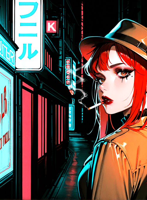 woman, neon, street, hat, cigarette, signs, red hair, jacket, urban, ninja