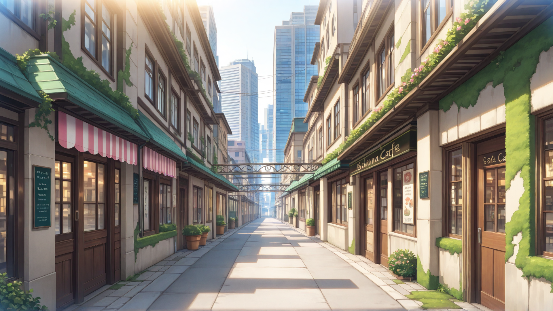 AI generated wallpaper featuring street, buildings, cafes