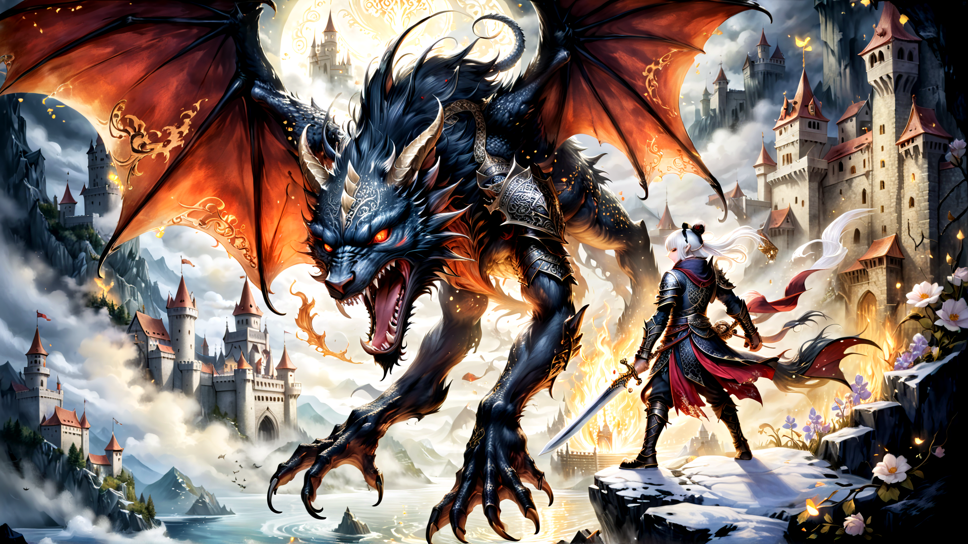 AI generated wallpaper featuring dragon, knight, castle, sword, fire, mountain, cloud, flower, armor, moon