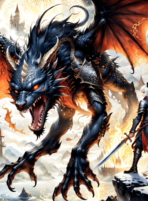 dragon, knight, castle, sword, fire, mountain, cloud, flower, armor, moon