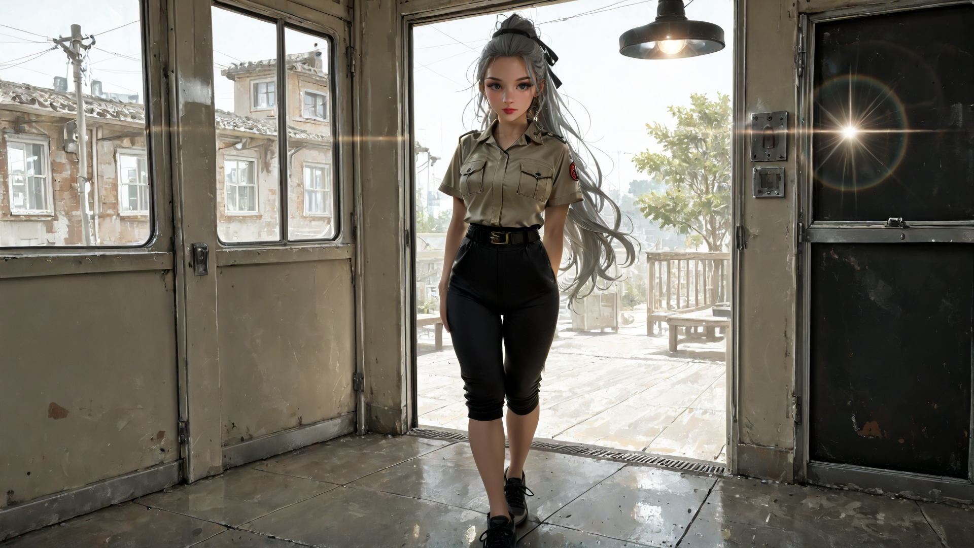 AI generated wallpaper featuring woman, uniform, building, door, window, hair, shoes, light, background, structure