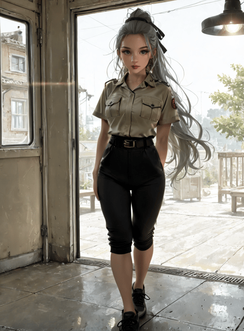 woman, uniform, building, door, window, hair, shoes, light, background, structure