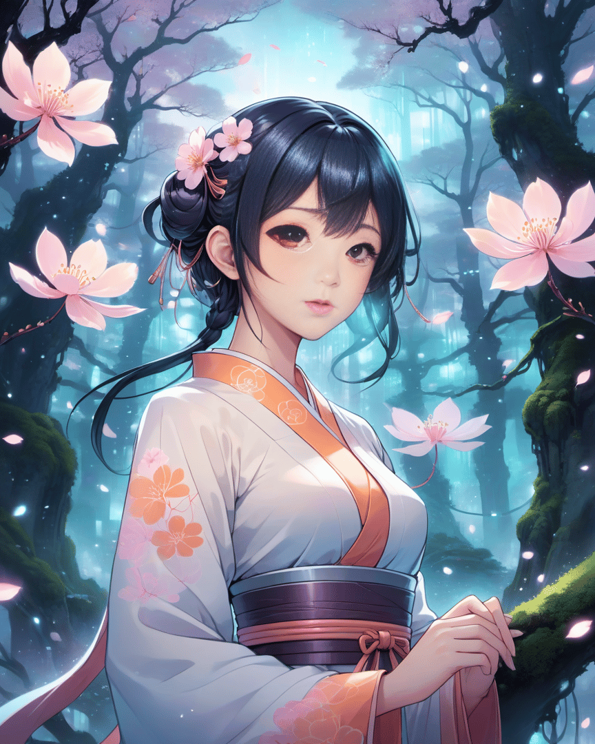 AI generated wallpaper featuring woman, cherry blossoms, forest