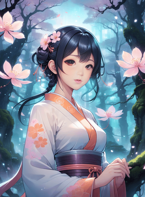 woman, cherry blossoms, forest