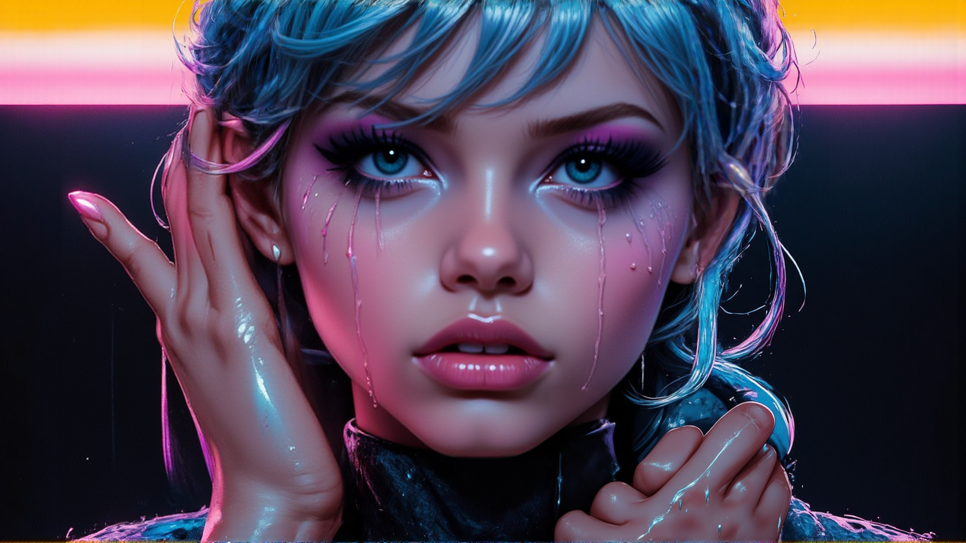 AI generated wallpaper featuring woman, neon, tears