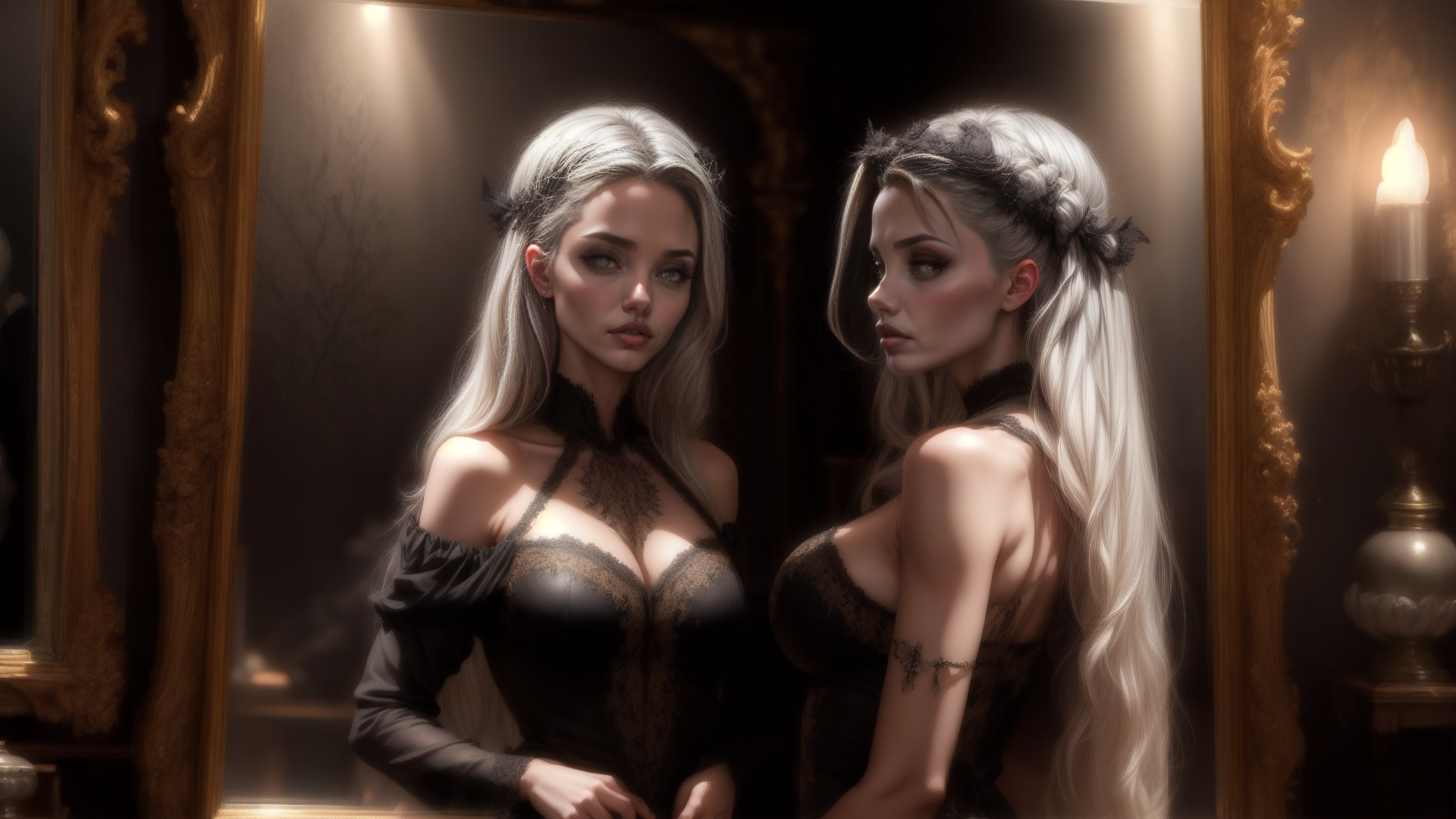 AI generated wallpaper featuring woman, mirror, reflection