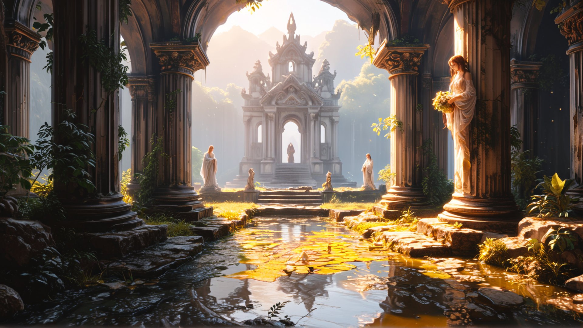AI generated wallpaper featuring columns, statue, saint, temple, garden, water, plants, sunlight, mountains, path