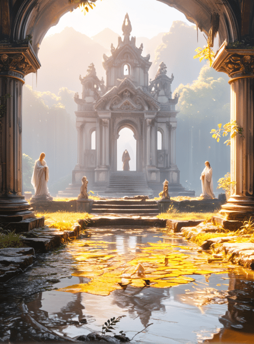 columns, statue, saint, temple, garden, water, plants, sunlight, mountains, path