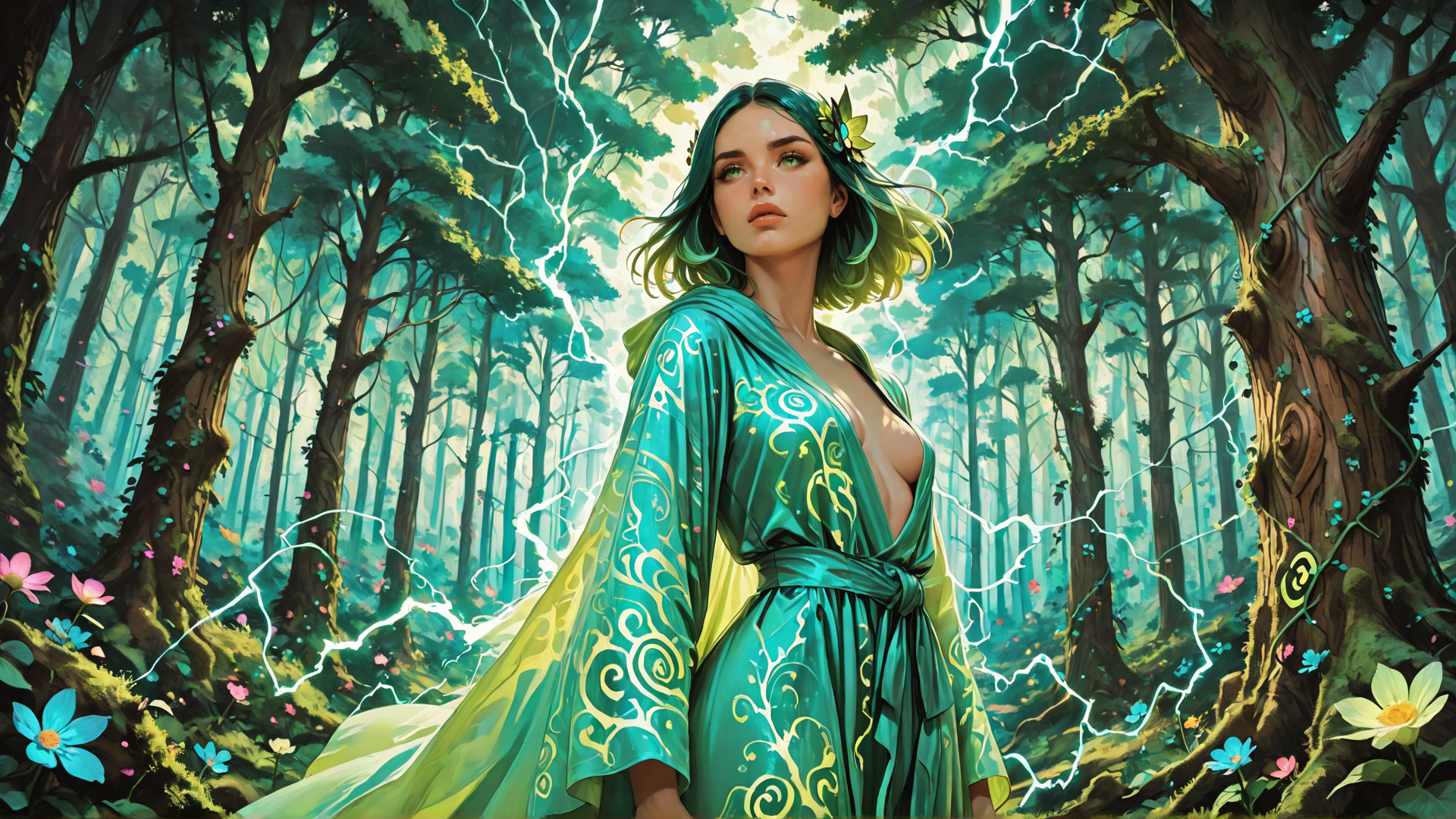 AI generated wallpaper featuring woman, forest, trees, flowers, lightning