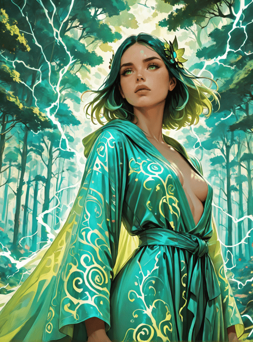woman, forest, trees, flowers, lightning