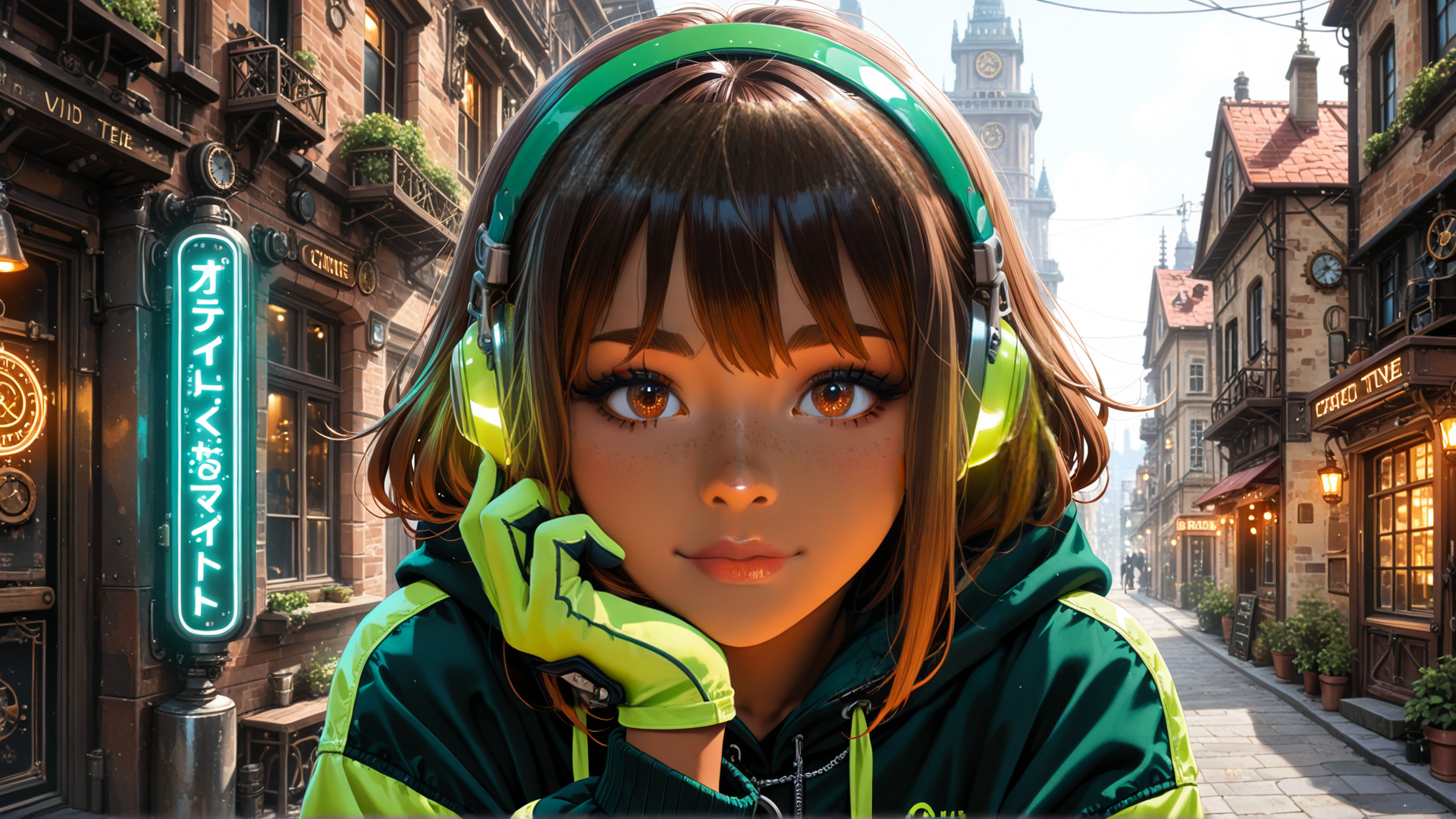 AI generated wallpaper featuring girl, headphones, street