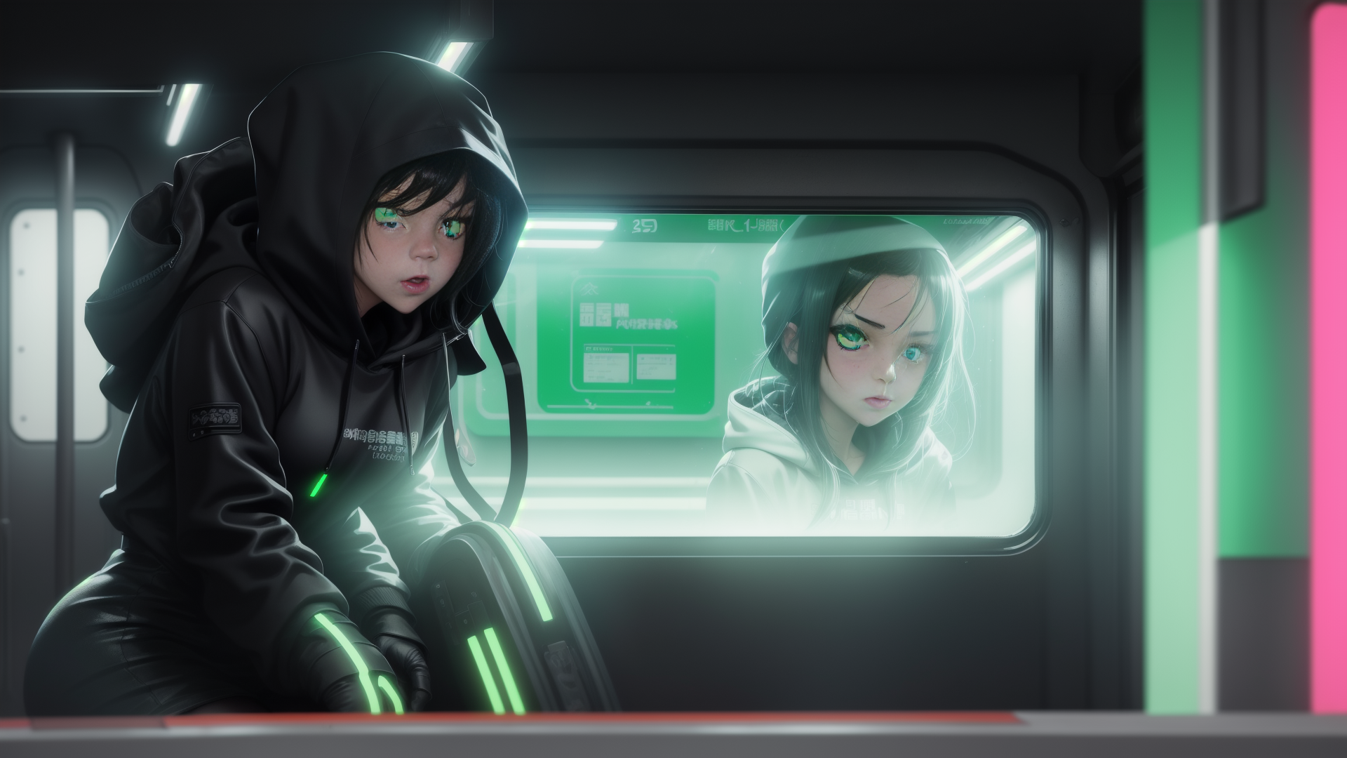 AI generated wallpaper featuring girl, robot, train