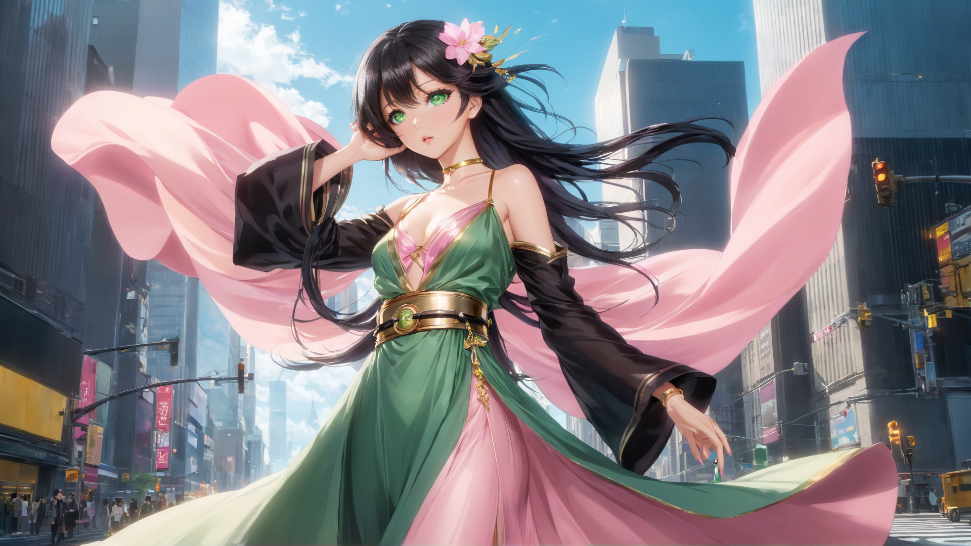 AI generated wallpaper featuring woman, dress, city