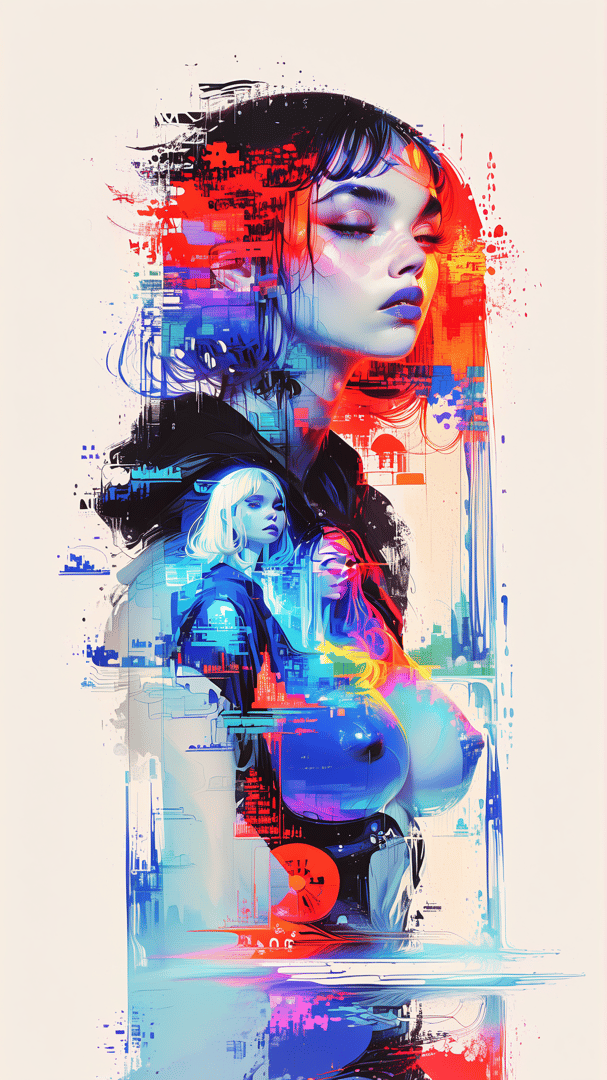 AI generated wallpaper featuring woman, cityscape, digital, art, silhouette, glow, overlay, grunge, neon, futuristic