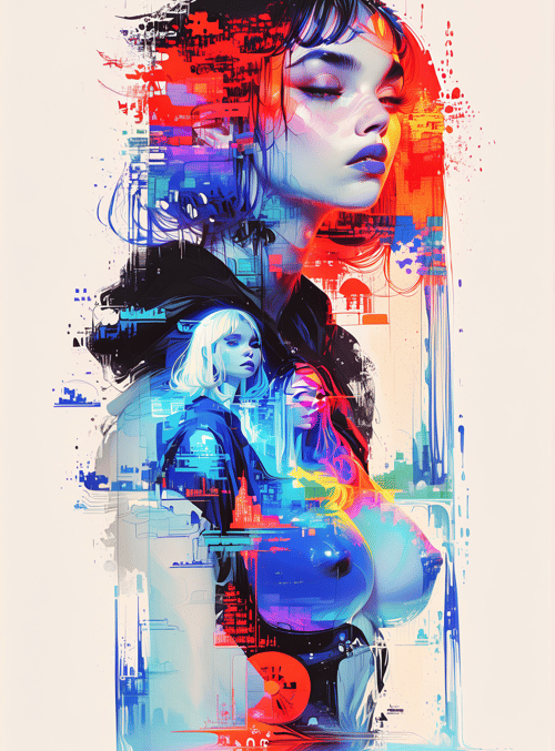 woman, cityscape, digital, art, silhouette, glow, overlay, grunge, neon, futuristic